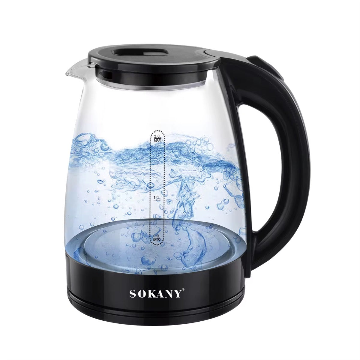 Hervidor de Agua Eléctrico SOKANY 2L 1500W Vaso de Vidrio Apagado Automático Luz LED