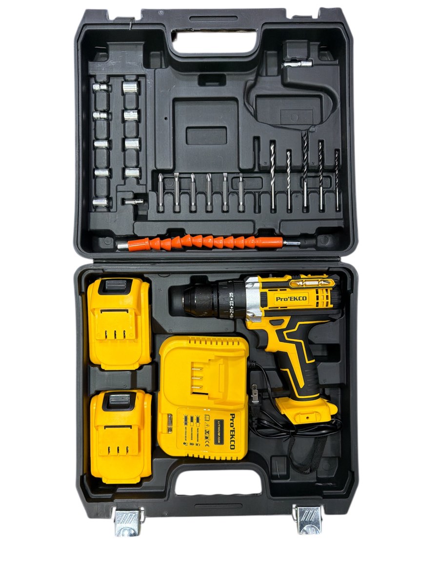 Kit Taladro Atornillador Inalámbrico Pro'EKCO con 2 Baterías 3.0 Ah, Cargador, Maletín y Accesorios