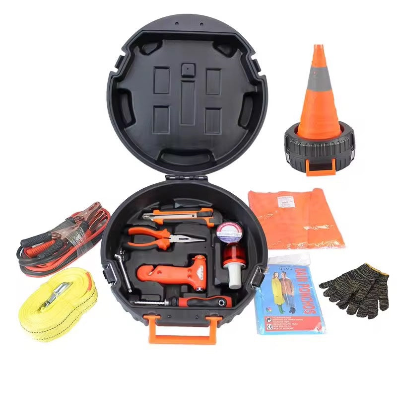 Kit de Emergencia para Carro en Estuche Tipo Llanta – Cono Plegable, Cables de Arranque, Eslinga de Remolque y Herramientas