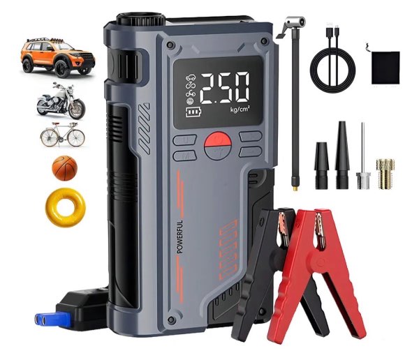Arrancador de Batería con Inflador de Llantas 2 en 1 Inalámbrico 150 PSI con Pantalla Digital para Carro y Moto