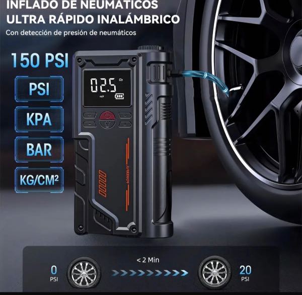 Arrancador de Batería con Inflador de Llantas 2 en 1 Inalámbrico 150 PSI con Pantalla Digital para Carro y Moto