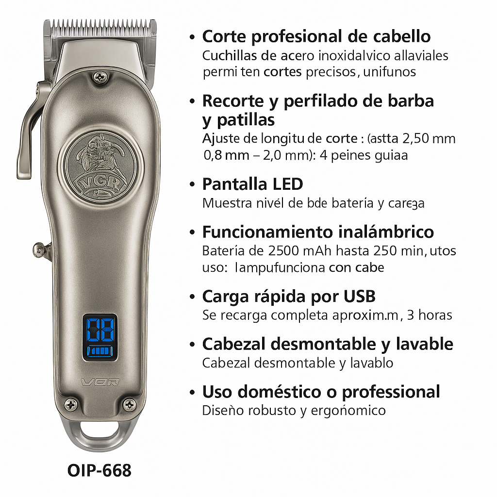 Cortadora Profesional VGR V‑658 Inalámbrica | Pantalla LED y Batería 250 min