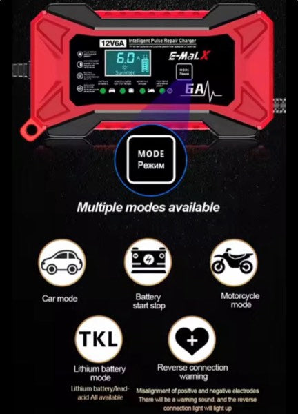 Cargador de Batería Inteligente 12V 6A para Carro y Moto con Pantalla LCD – Modo Reparación por Pulsos