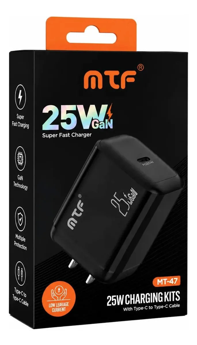 Cargador MTF 25W GaN Carga Rápida USB-C PD con Cable Tipo C a Tipo C – Ref MT-47