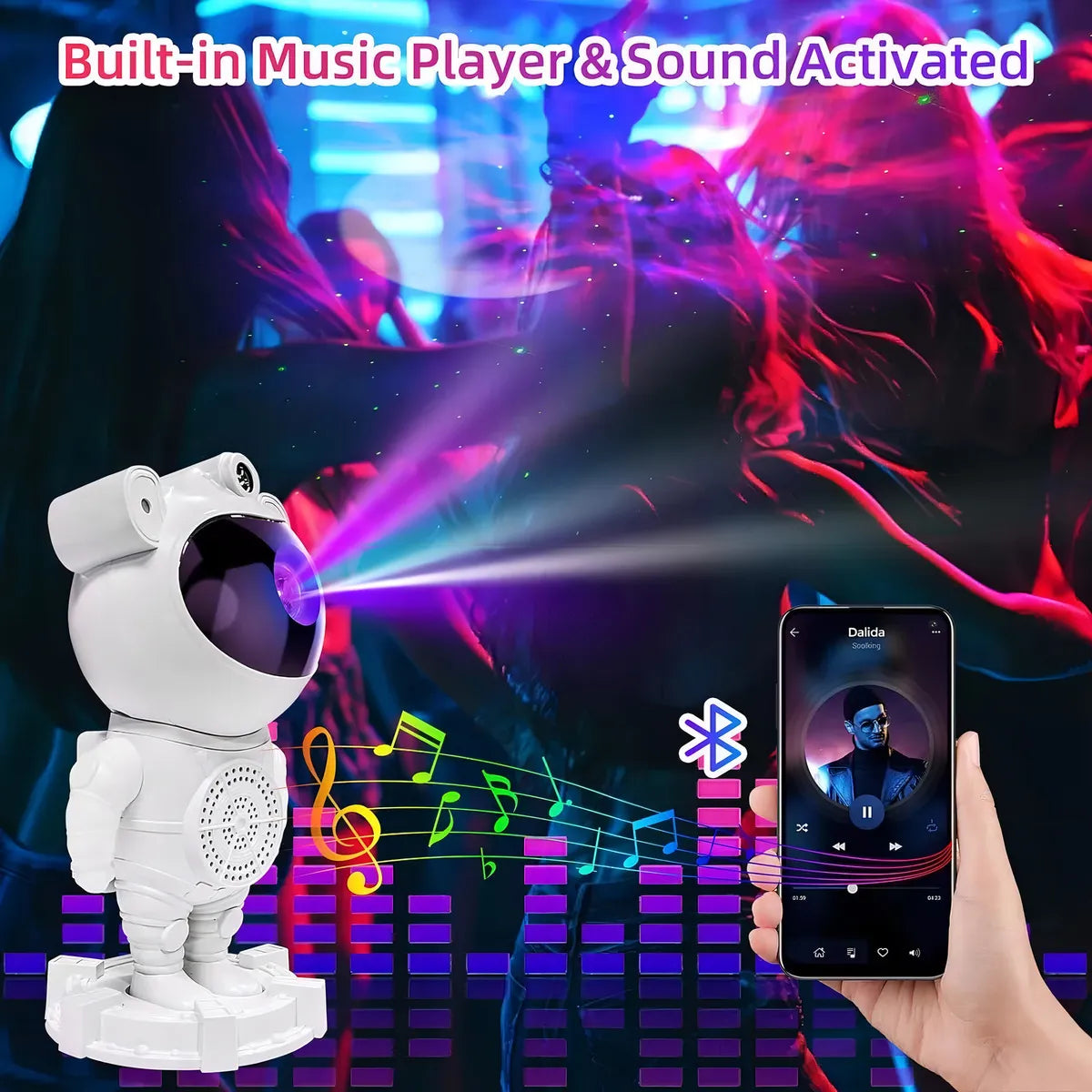 Proyector Galaxia Astronauta con Parlante Bluetooth – Nebulosa LED Blanco