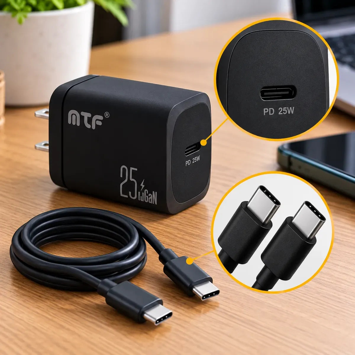 Cargador MTF 25W GaN Carga Rápida USB-C PD con Cable Tipo C a Tipo C – Ref MT-47