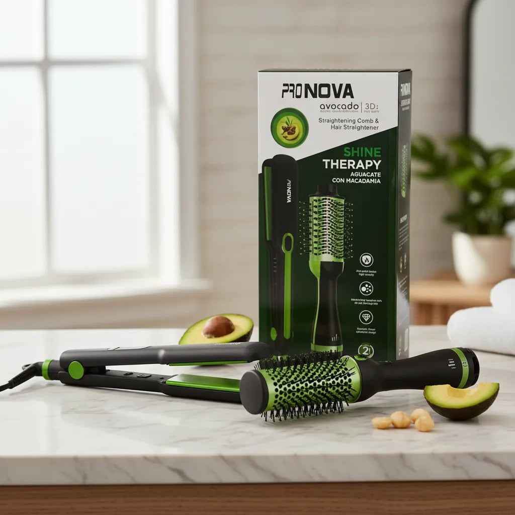 Combo 2 En 1 Pronova Shine Therapy Plancha Ancha Y Cepillo Alisador Eléctrico Aguacate Con Macadamia