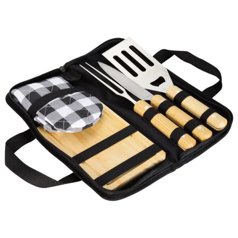 Kit de Utensilios para Parrilla y Asado 5 Piezas — Acero Inoxidable con Mango de Madera y Estuche