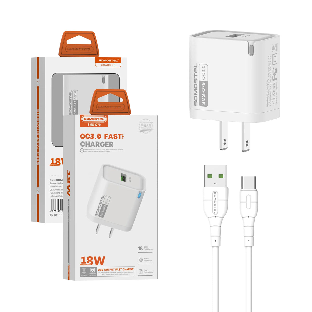 Cargador SOMOSTEL 18W Carga Rápida QC 3.0 USB con Cable USB a Tipo C – Ref SMS-Q79