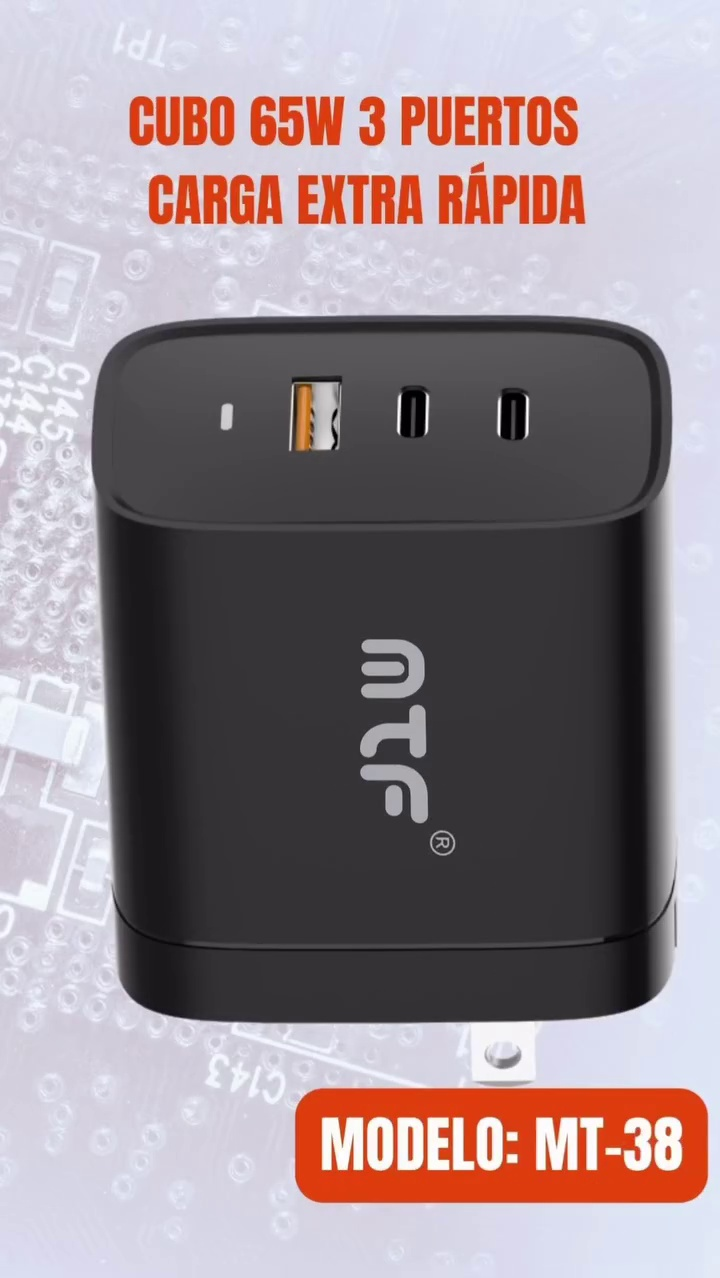 Cargador Rápido MTF 65W con Puertos USB y Tipo C – Ideal para Celular y Portátil