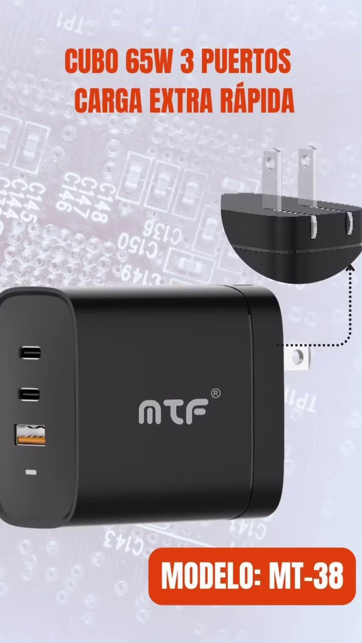 Cargador Rápido MTF 65W con Puertos USB y Tipo C – Ideal para Celular y Portátil