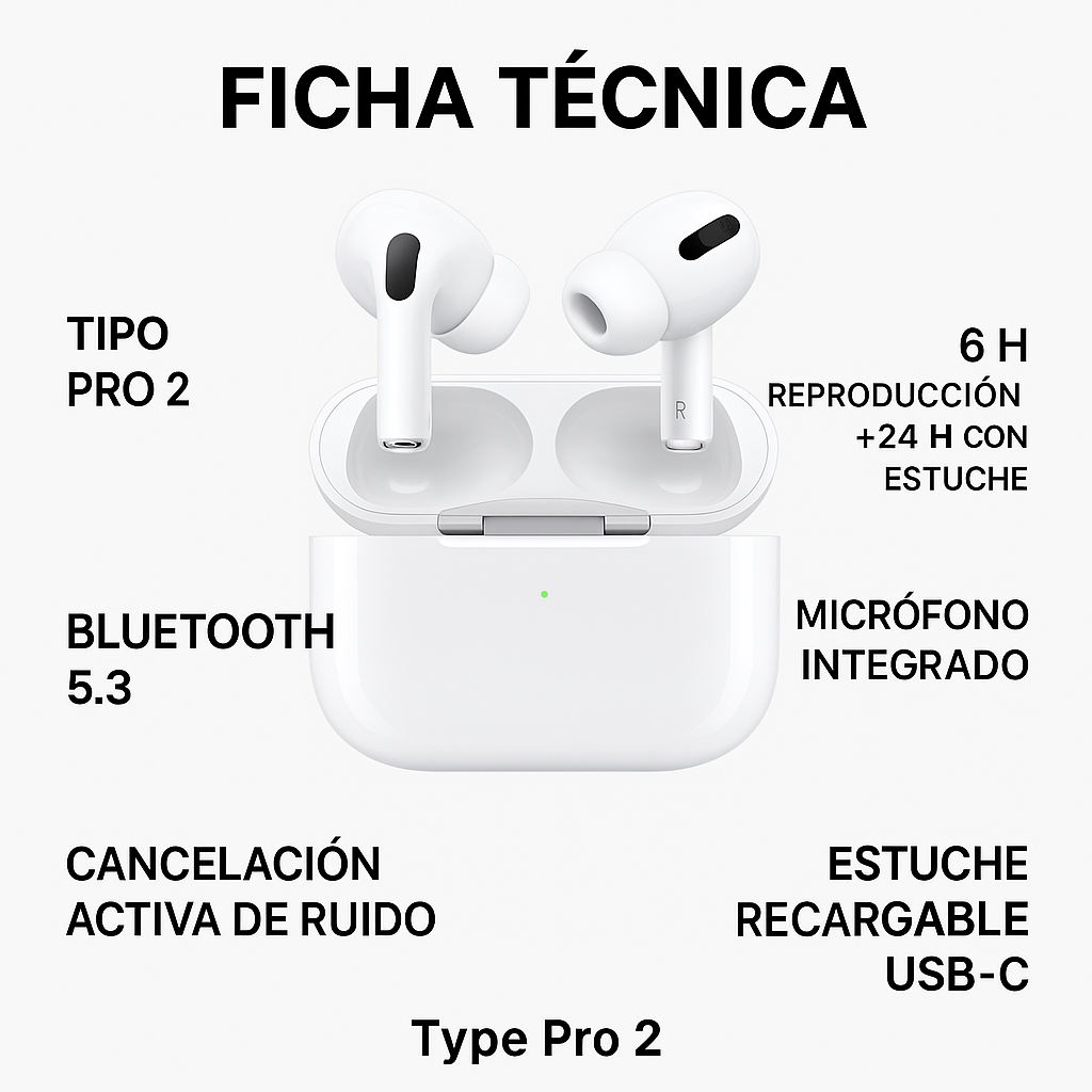 Audífonos Inalámbricos Tipo Pro 2 con Cancelación de Ruido y Estuche de Carga – Bluetooth 5.3 Alta Fidelidad