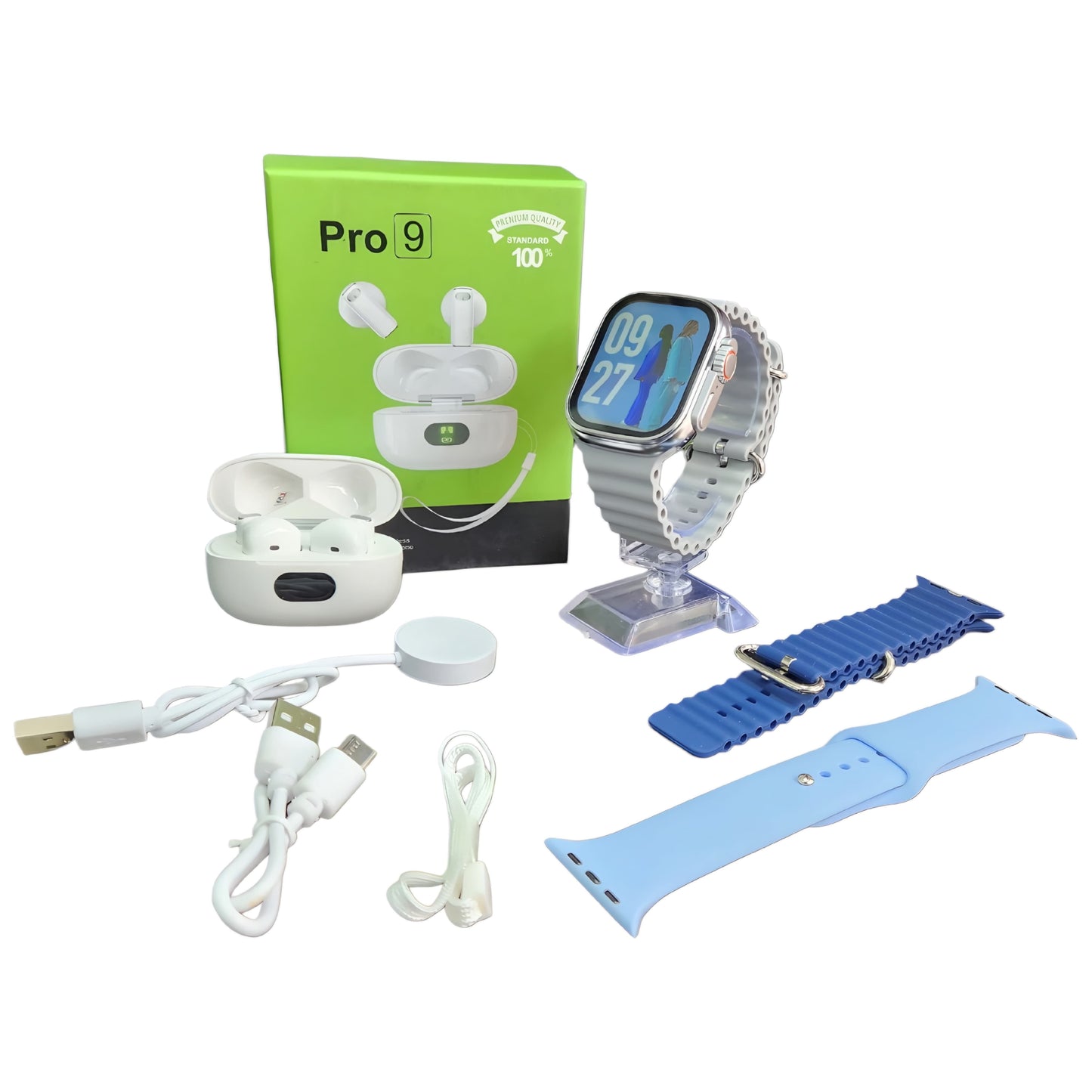 Combo Reloj Inteligente Serie Ultra + Audífonos Pro 9 | 7 Piezas con Manillas y Cargadores