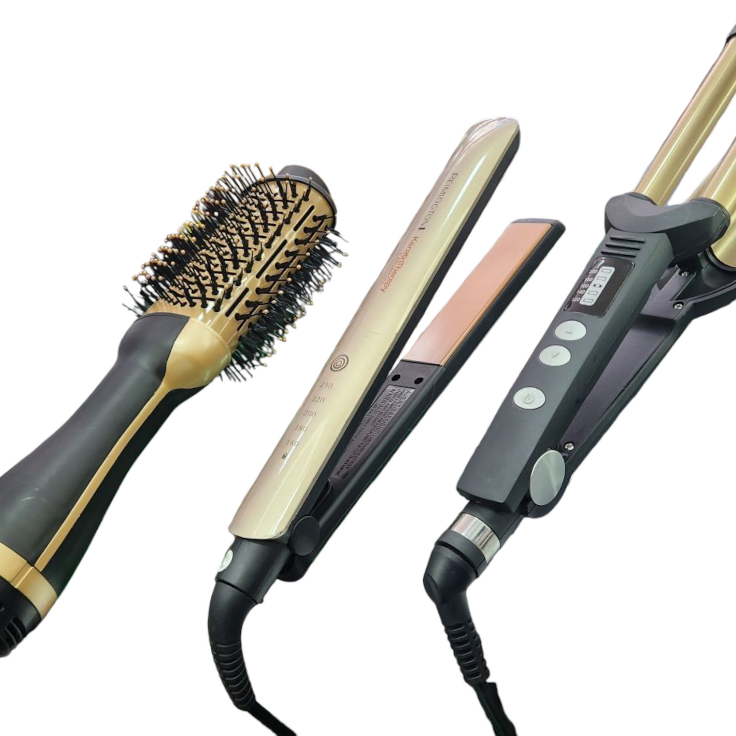 Combo Keratin rizadora tres tubos + cepillo secador y plancha