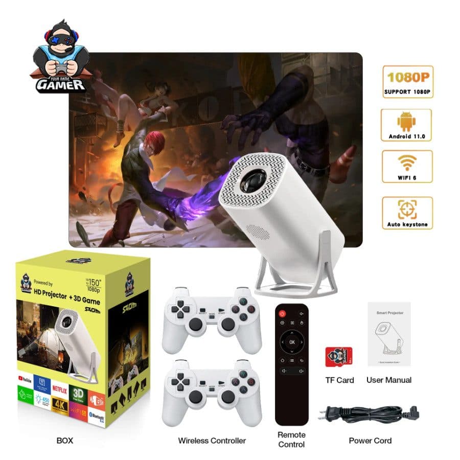 Mini Proyector S40 Max HD 1080P + 3D Game | Android 11 WiFi 6 Bluetooth 5.4 con 2 Controles Inalámbricos