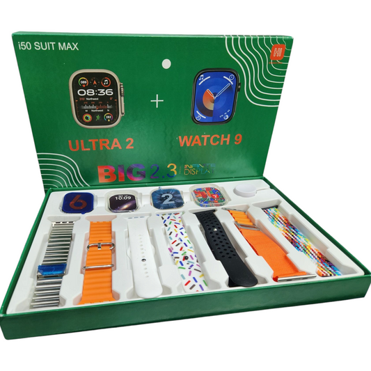 Combo 2 Relojes Inteligentes i50 | 2 Fundas + 7 Manillas | Kit de Regalo para Pareja