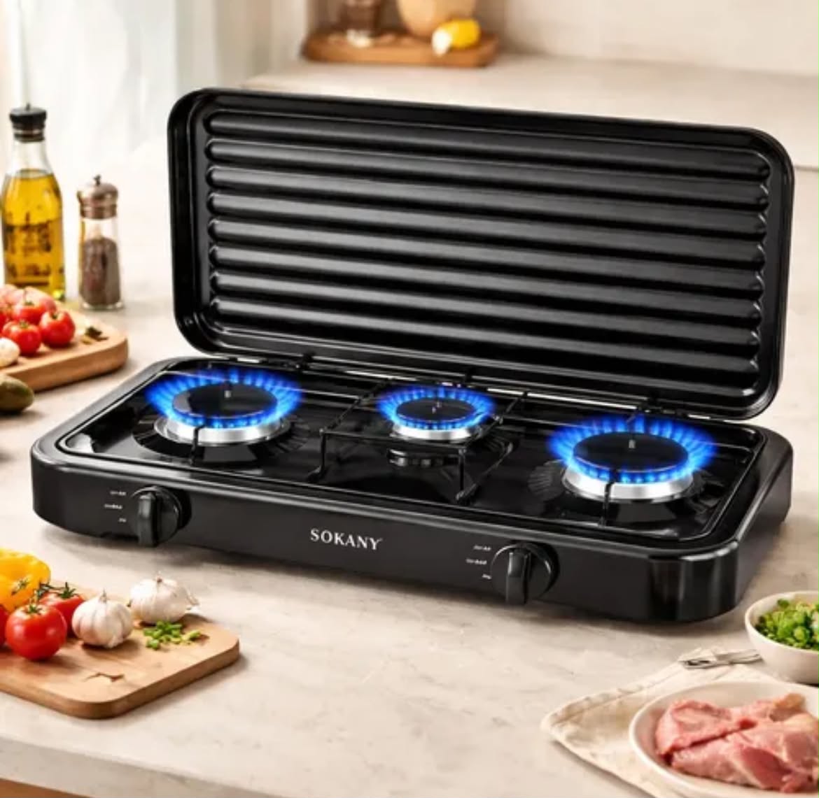 Estufa de Mesa a Gas 3 Puestos SOKANY SK-6003 — 5.5 kW, Portátil para Cocina y Exteriores