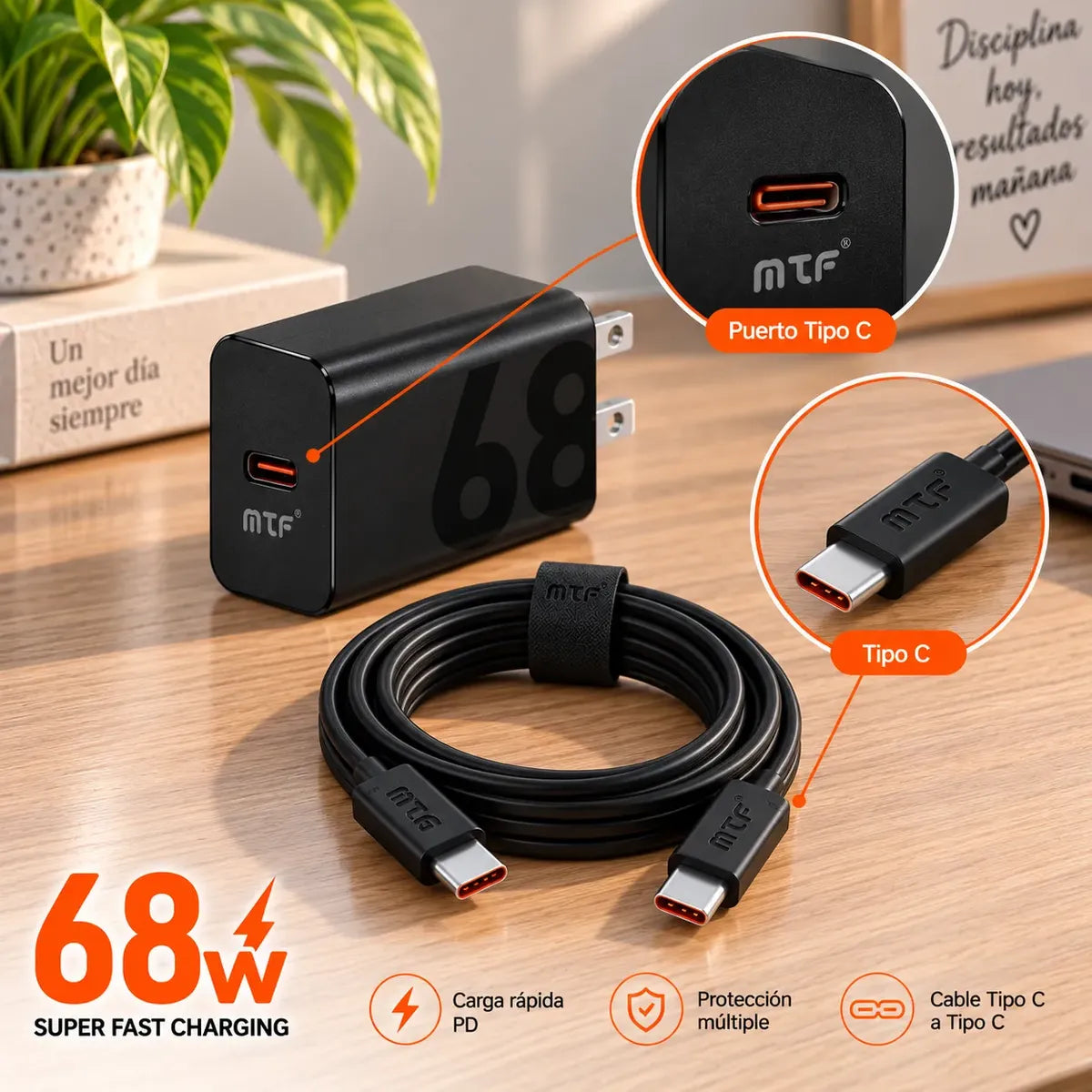 Cargador MTF 68W Carga Rápida USB-C con Cable Tipo C a Tipo C para Celular y Tablet – Ref MT-50