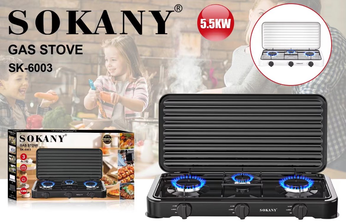 Estufa de Mesa a Gas 3 Puestos SOKANY SK-6003 — 5.5 kW, Portátil para Cocina y Exteriores