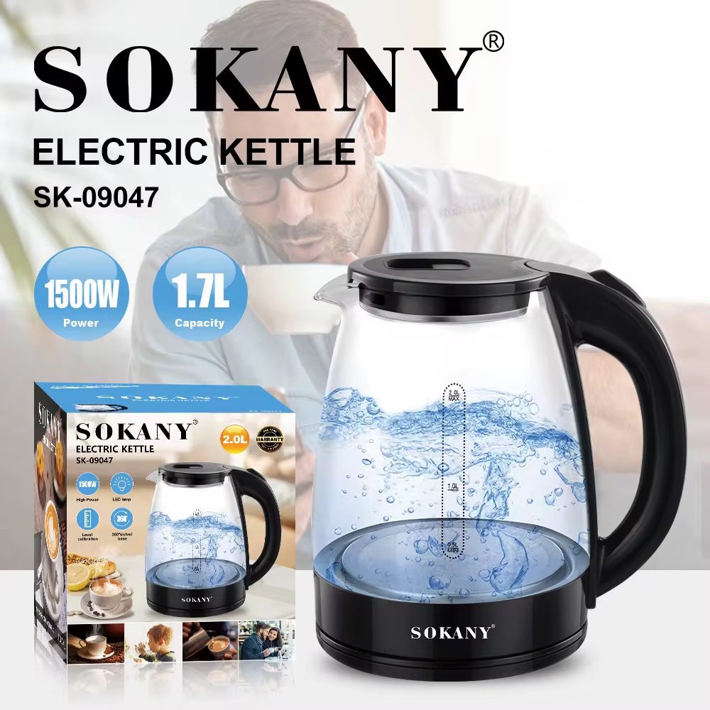 Hervidor de Agua Eléctrico SOKANY 2L 1500W Vaso de Vidrio Apagado Automático Luz LED