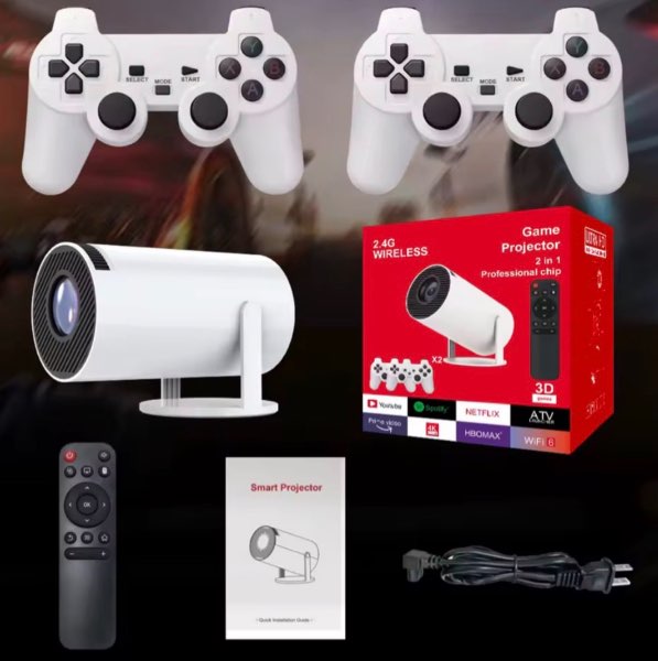 Mini Proyector Smart 2 en 1 + 2 Controles Inalámbricos 2.4G | Game Projector 4K WiFi 6 con Soporte para Netflix, YouTube, Prime Video