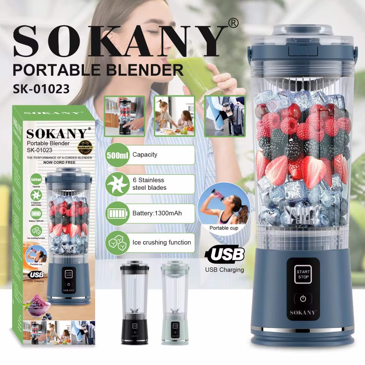 Licuadora Portátil SOKANY 500ml Recargable USB 6 Cuchillas Acero Inoxidable