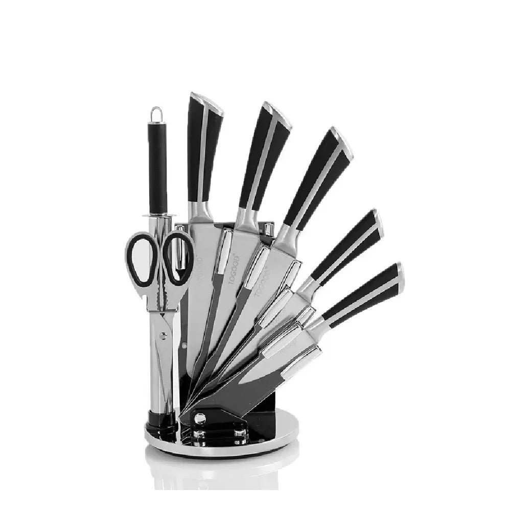 Set de Cuchillos de Cocina Unique 9 Piezas en Acero Inoxidable con Base Organizadora, Tijera, Pelador y Chaira