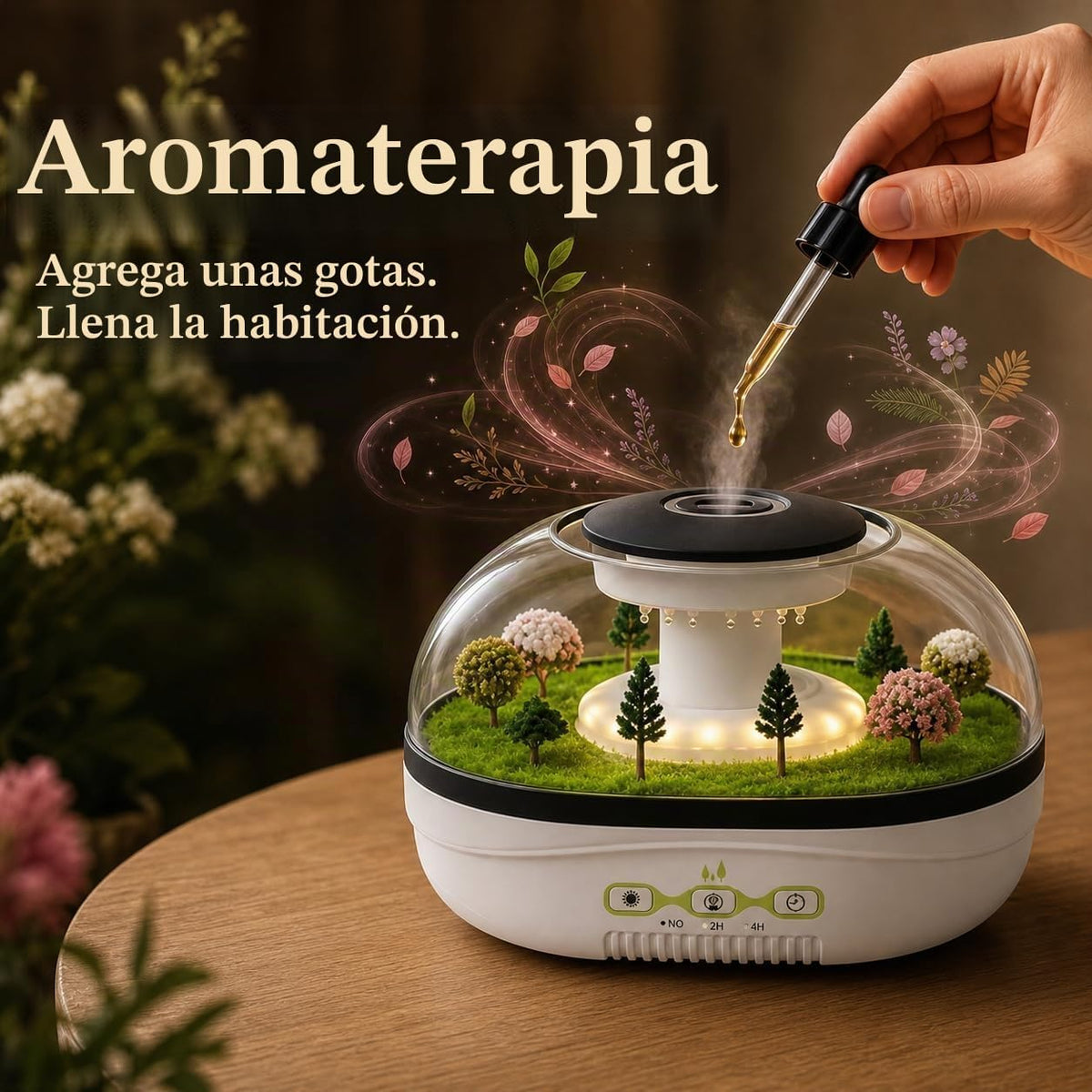 Difusor de Aromas Humidificador con Efecto Lluvia y Jardín Miniatura 400 ml Temporizador y Luz Modelo 327
