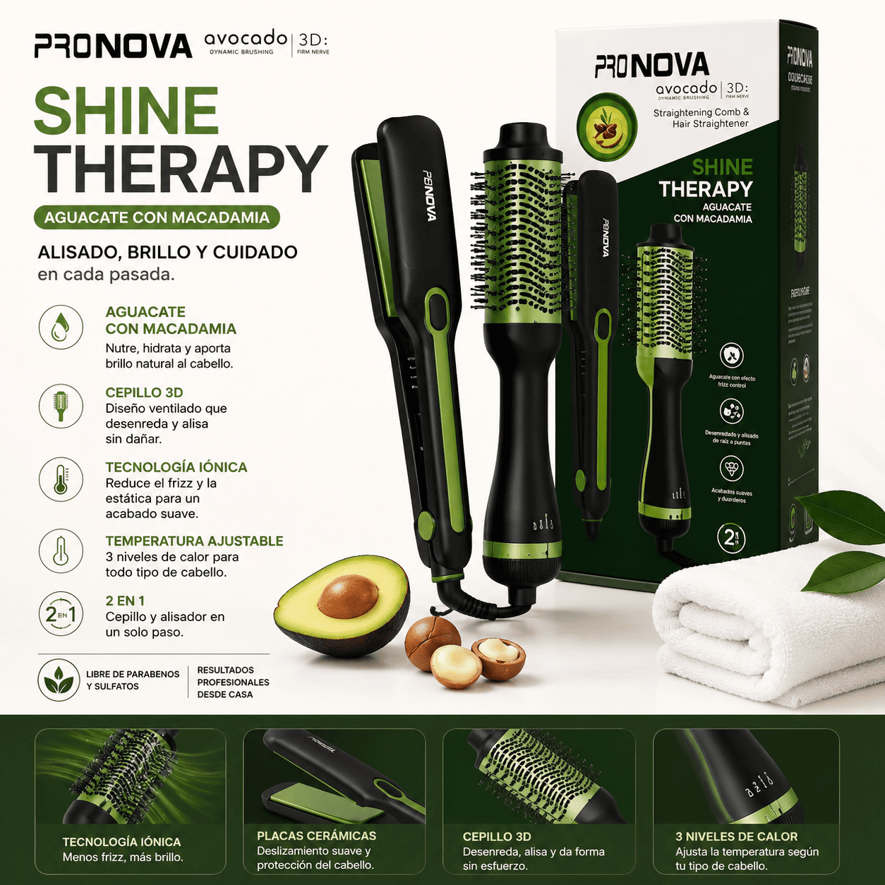 Combo 2 En 1 Pronova Shine Therapy Plancha Ancha Y Cepillo Alisador Eléctrico Aguacate Con Macadamia