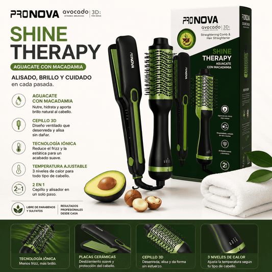 Combo 2 En 1 Pronova Shine Therapy Plancha Ancha Y Cepillo Alisador Eléctrico Aguacate Con Macadamia