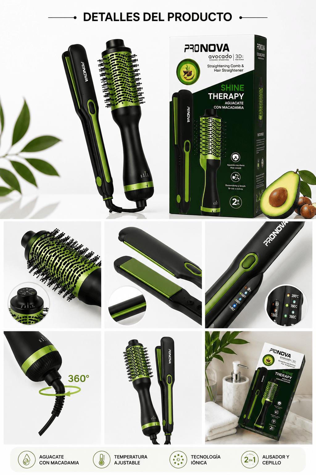 Combo 2 En 1 Pronova Shine Therapy Plancha Ancha Y Cepillo Alisador Eléctrico Aguacate Con Macadamia