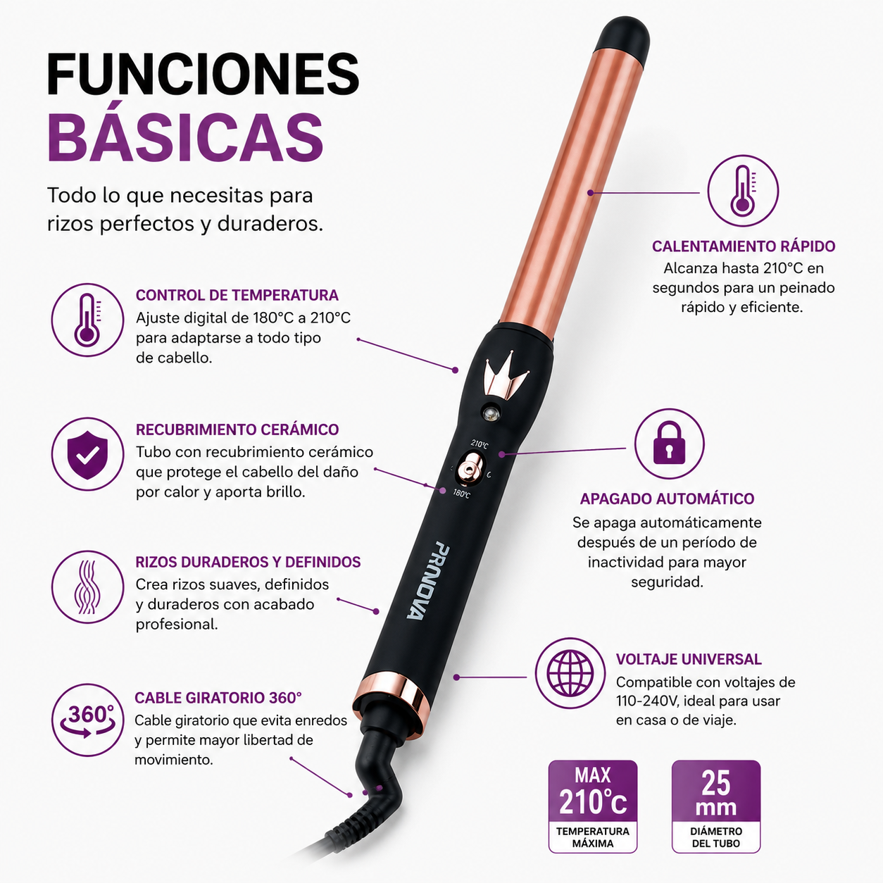 Rizadora Pro Nova PRO-1855 K Therapy Argán 25 mm 210 °C Calentamiento Rápido Cerámica