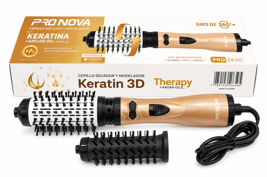 Cepillo Secador de Keratina 3D Therapy – Seca, Peina y Modela con Aceite de Argán | 2200W