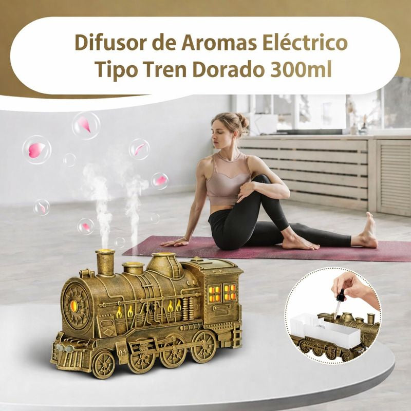 Difusor de Aromas Eléctrico Tipo Tren Dorado 300ml con Control Remoto y Luz LED