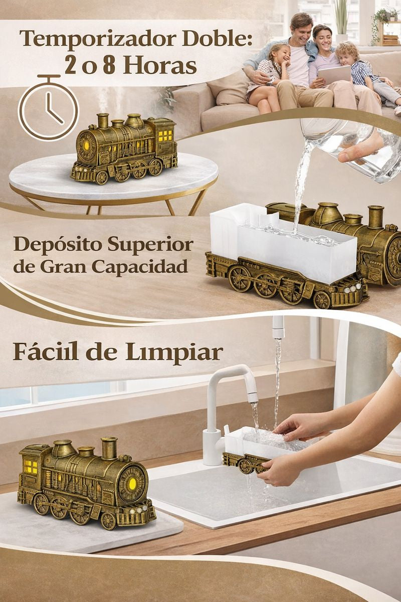 Difusor de Aromas Eléctrico Tipo Tren Dorado 300ml con Control Remoto y Luz LED