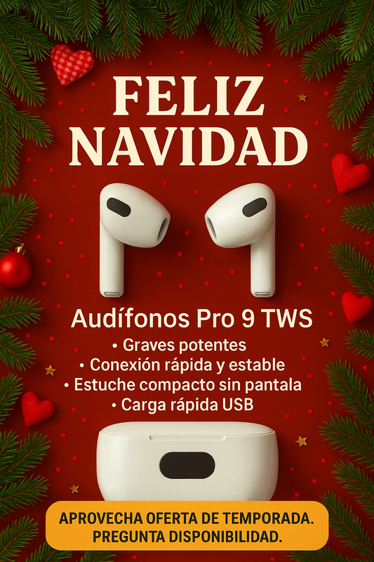 Audífonos Pro 9 TWS con Pantalla LED – Sonido HD, Batería Extendida y Estuche Digital