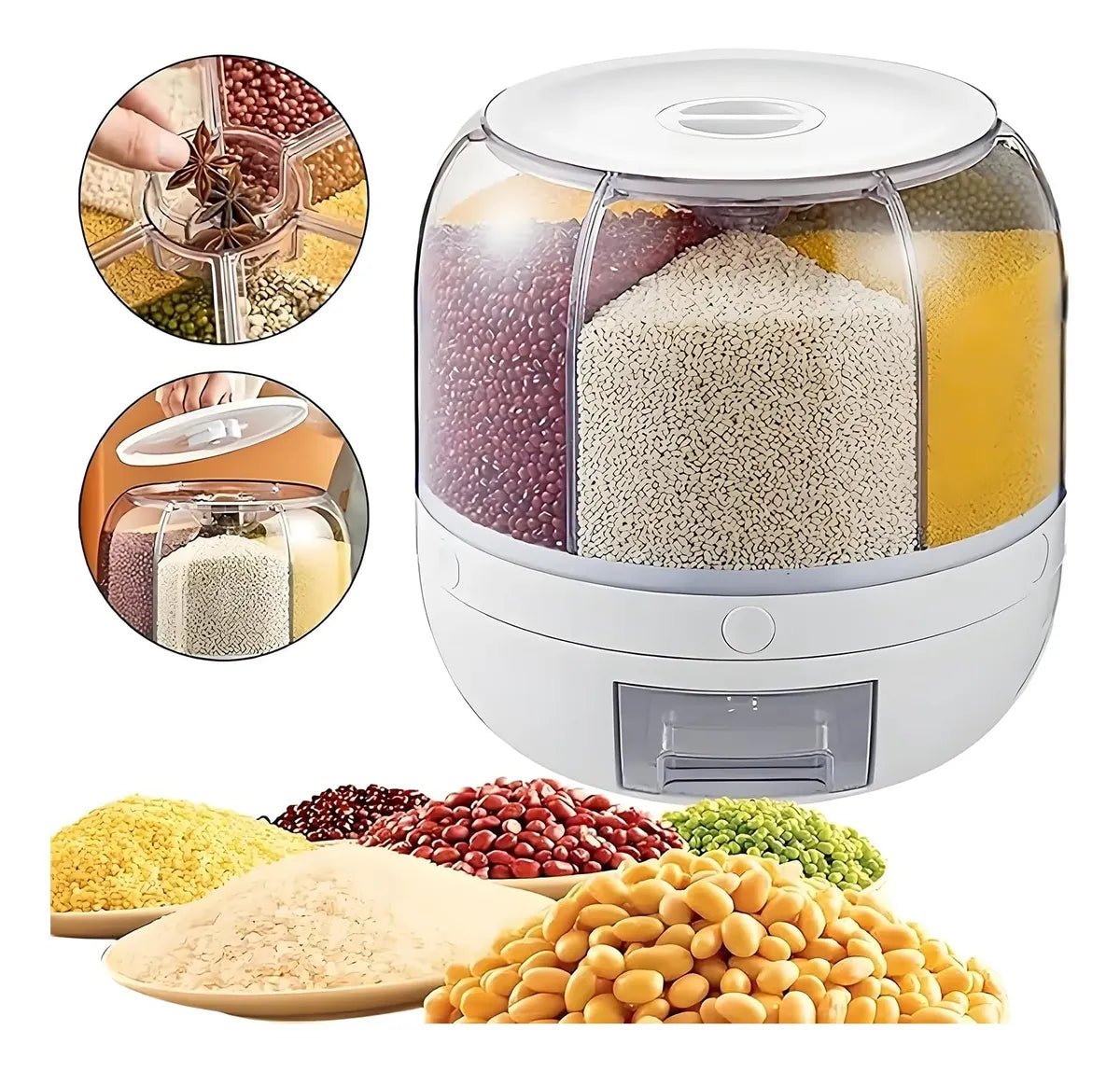 Dispensador de Granos y Arroz Giratorio 360° 6 Compartimentos 12kg con Taza Medidora