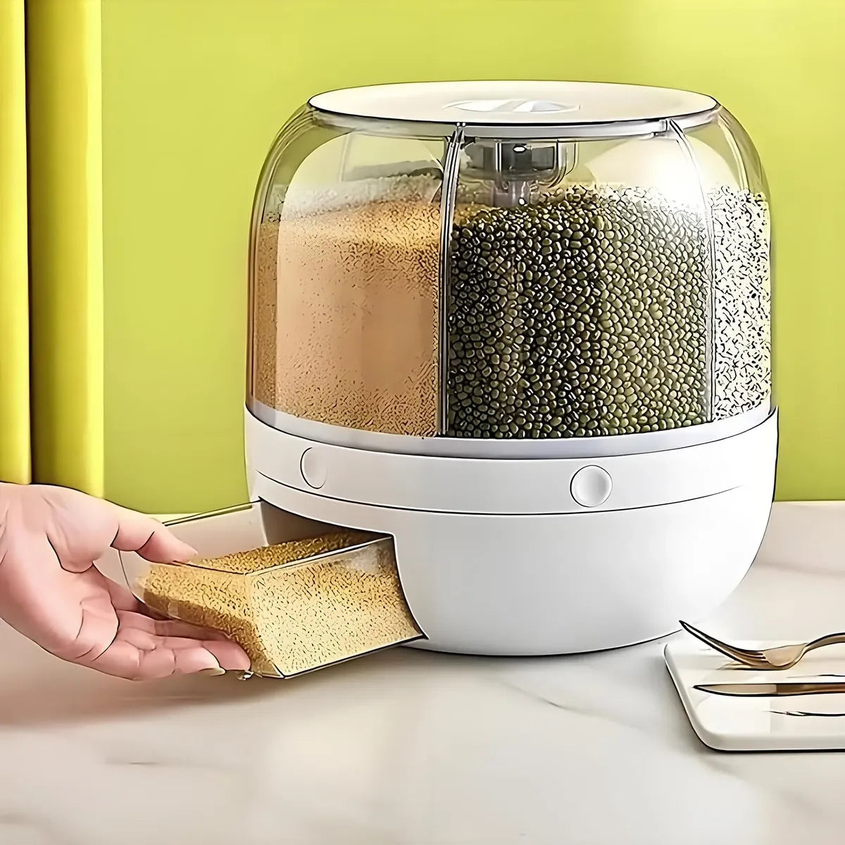 Dispensador de Granos y Arroz Giratorio 360° 6 Compartimentos 12kg con Taza Medidora