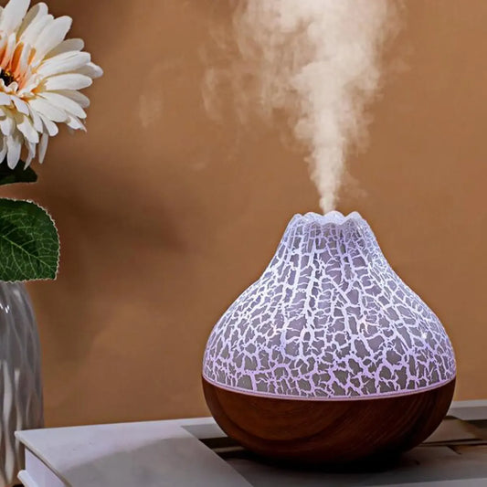 Humidificador Difusor Craquelado Tipo Volcán con Luz LED de Colores 300 ml USB Base Madera SX-E348