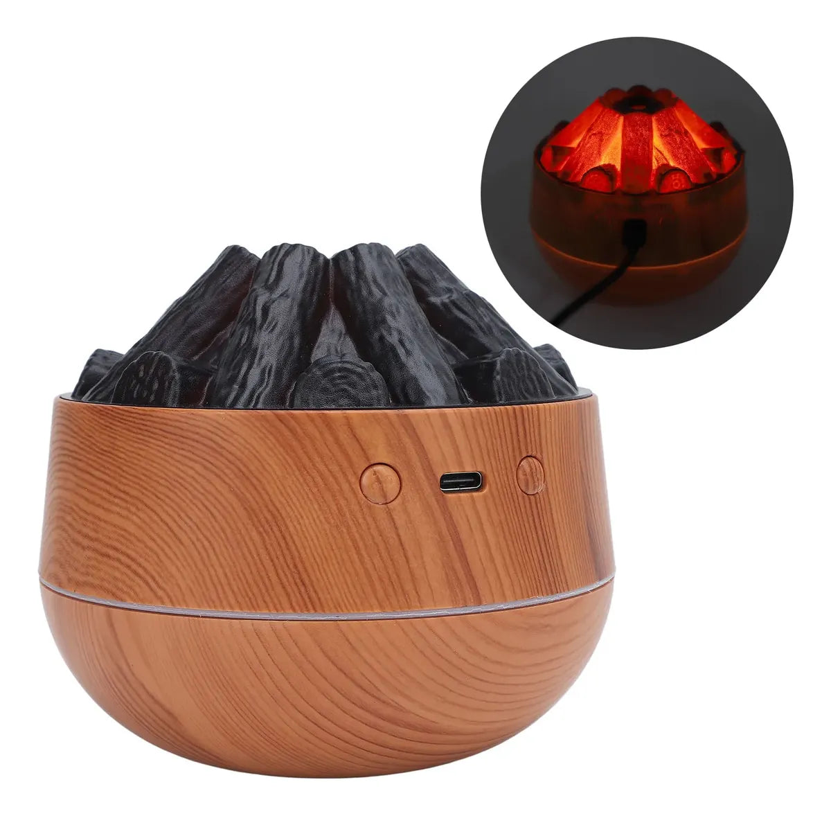 Humidificador Difusor Tipo Fogata con Leños y Luz Nocturna 300 ml USB Acabado Madera Modelo 2097