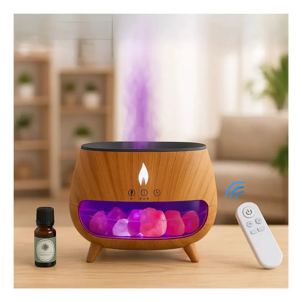 Humidificador Difusor Chimenea con Piedras de Sal KP-6068 Efecto Llama Acabado Madera 260 ml 110V