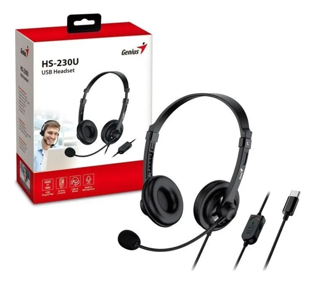 Diadema Genius HS-230U USB Tipo C - Auriculares con Micrófono - Control de Volumen - Plug & Play para Celulares y Laptops