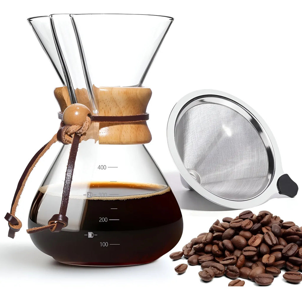 Cafetera Tipo Chemex en Vidrio Borosilicato + Filtro de Acero Inoxidable (400ml / 600ml / 800ml)