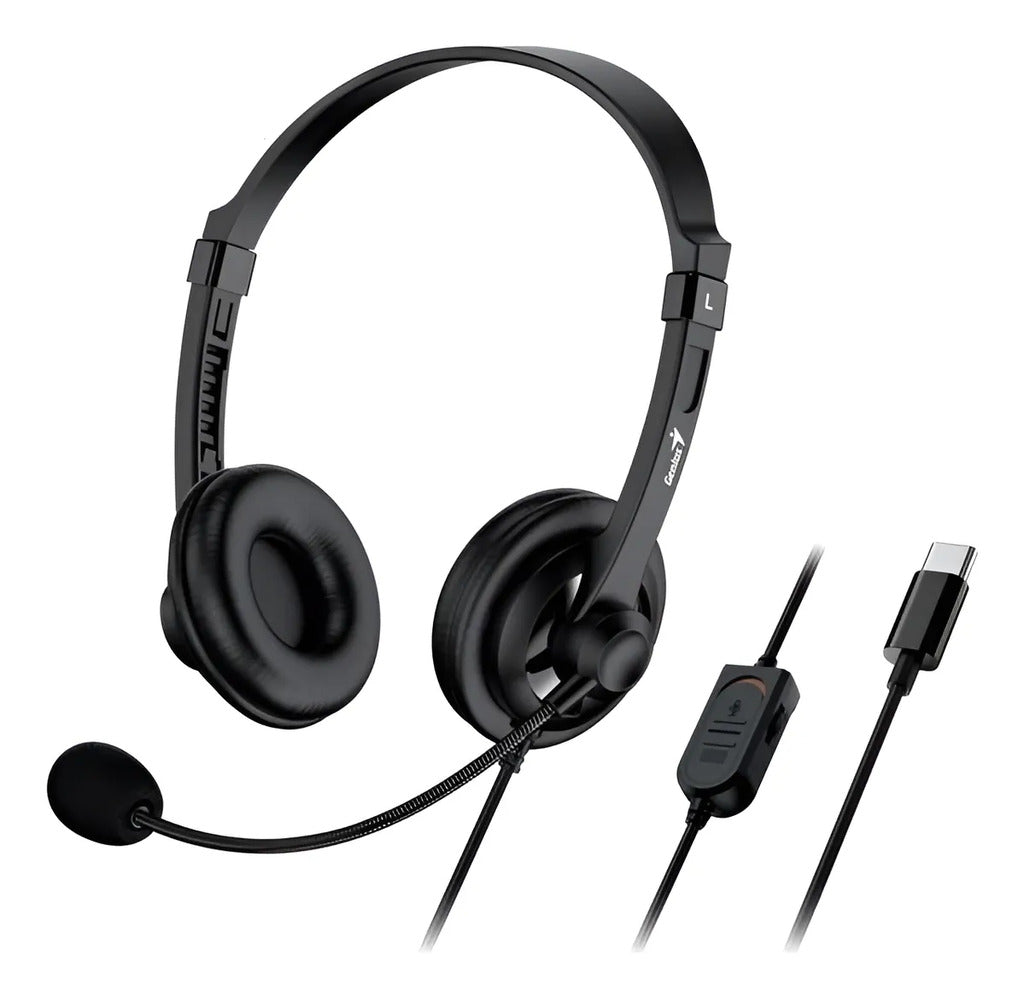 Diadema Genius HS-230U USB Tipo C - Auriculares con Micrófono - Control de Volumen - Plug & Play para Celulares y Laptops