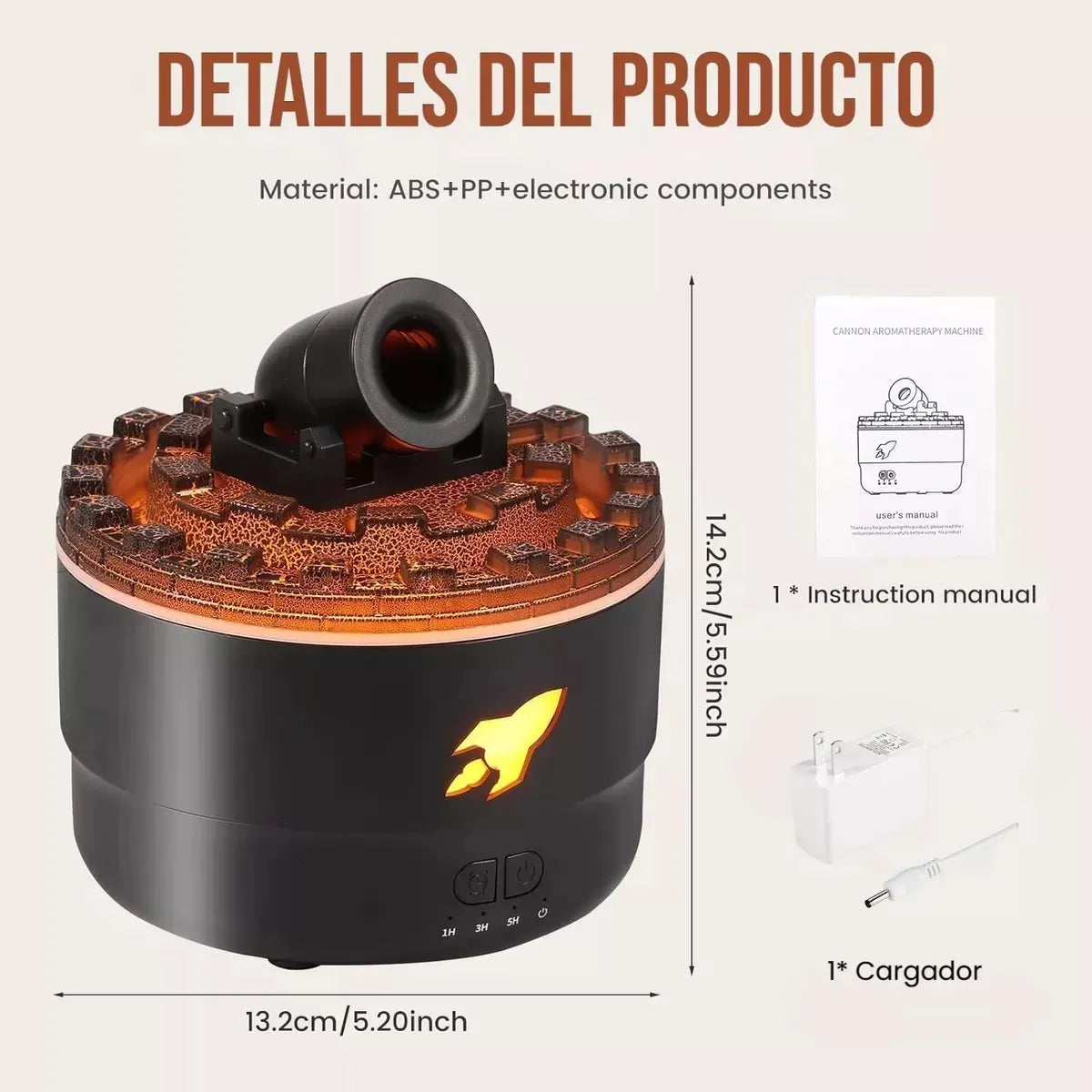 Humidificador lava estilo cañón, negro, con LED