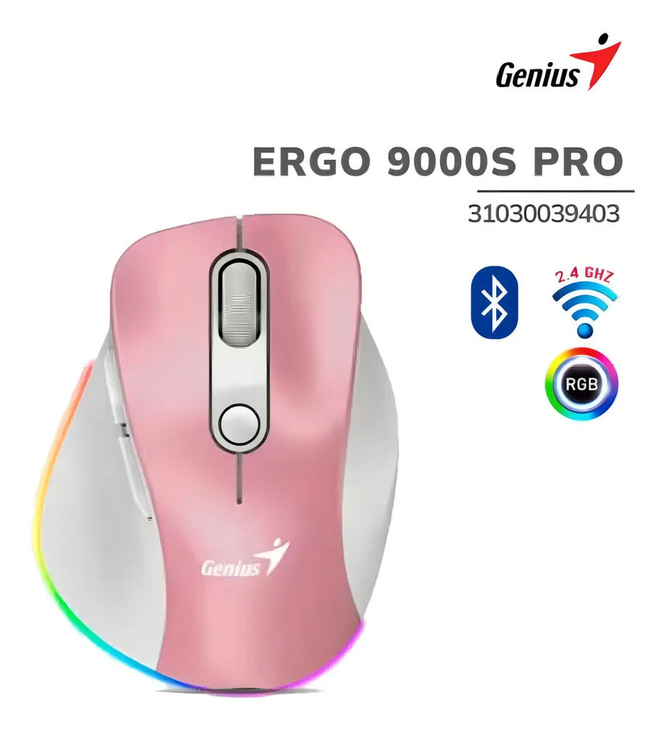 Mouse Inalámbrico y Bluetooth Genius Ergo 9000S Pro - Ergonómico - Recargable - Color Rosa