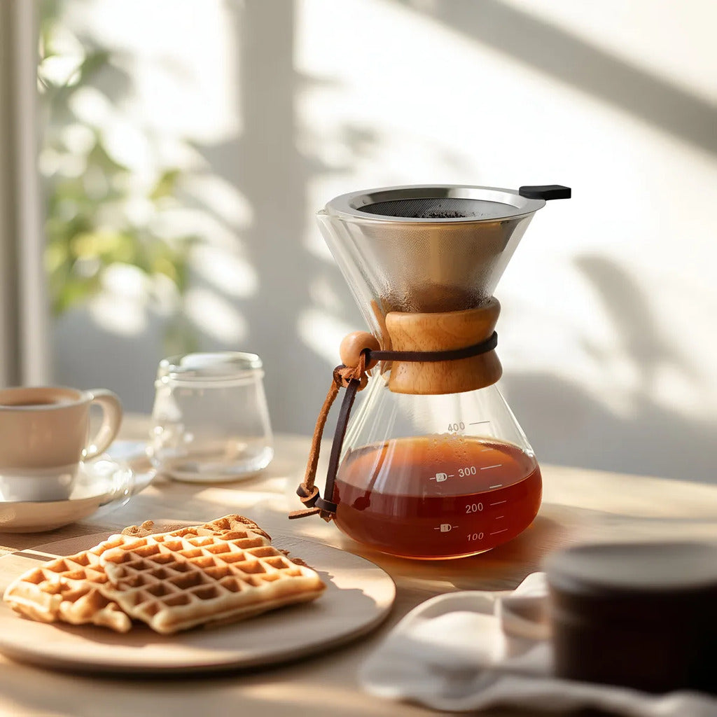 Cafetera Tipo Chemex en Vidrio Borosilicato + Filtro de Acero Inoxidable (400ml / 600ml / 800ml)
