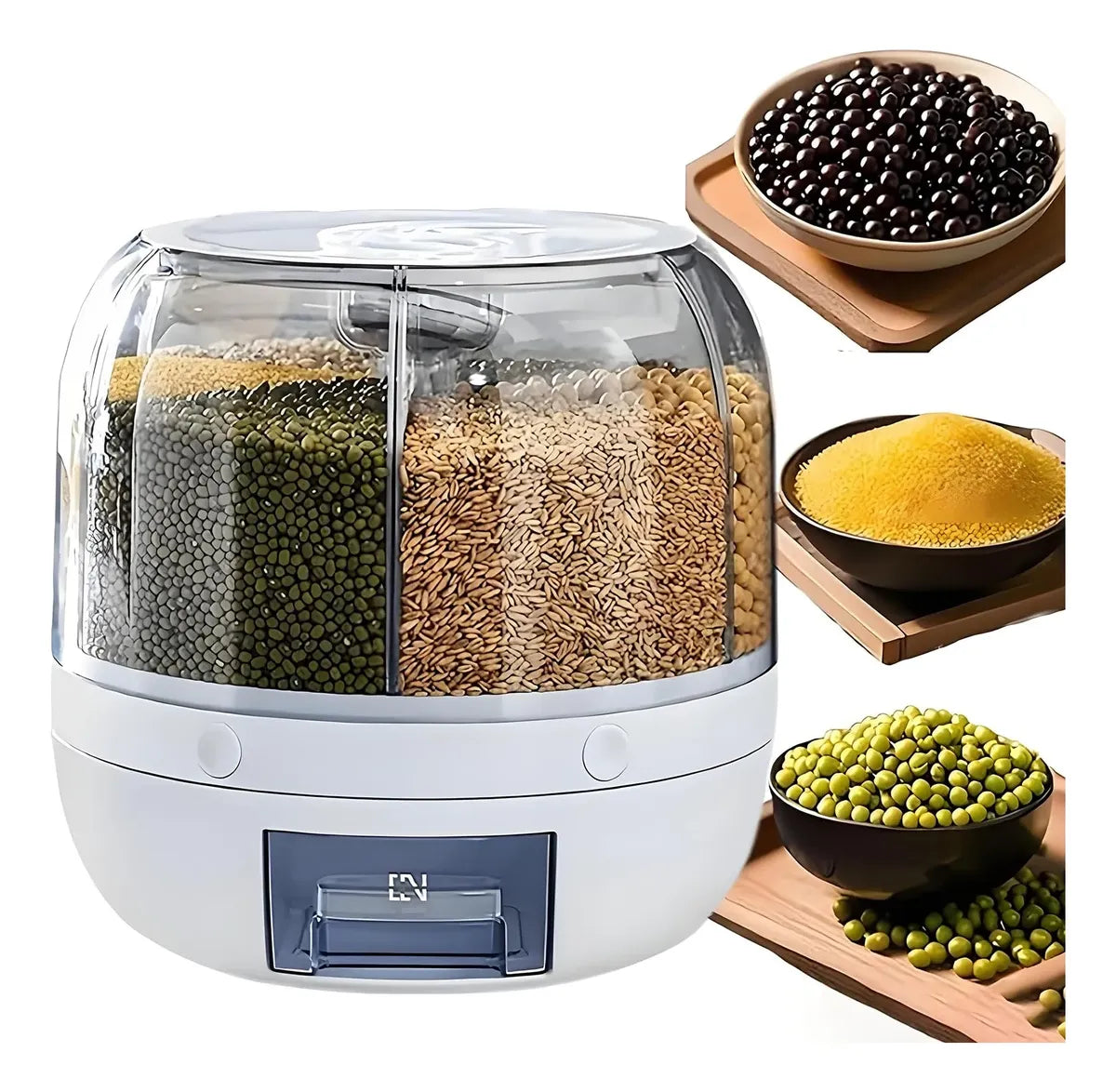 Dispensador de Granos y Arroz Giratorio 360° 6 Compartimentos 12kg con Taza Medidora