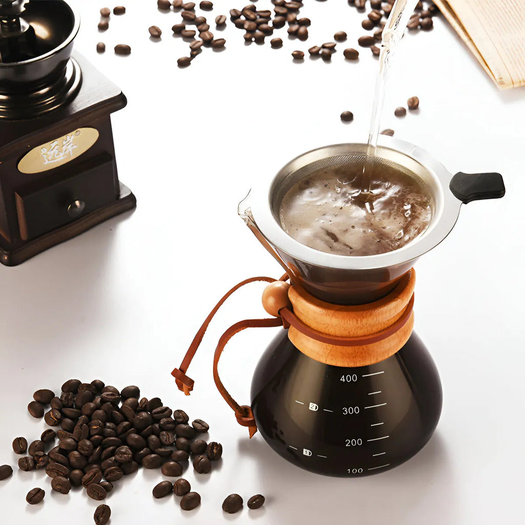 Cafetera Tipo Chemex en Vidrio Borosilicato + Filtro de Acero Inoxidable (400ml / 600ml / 800ml)