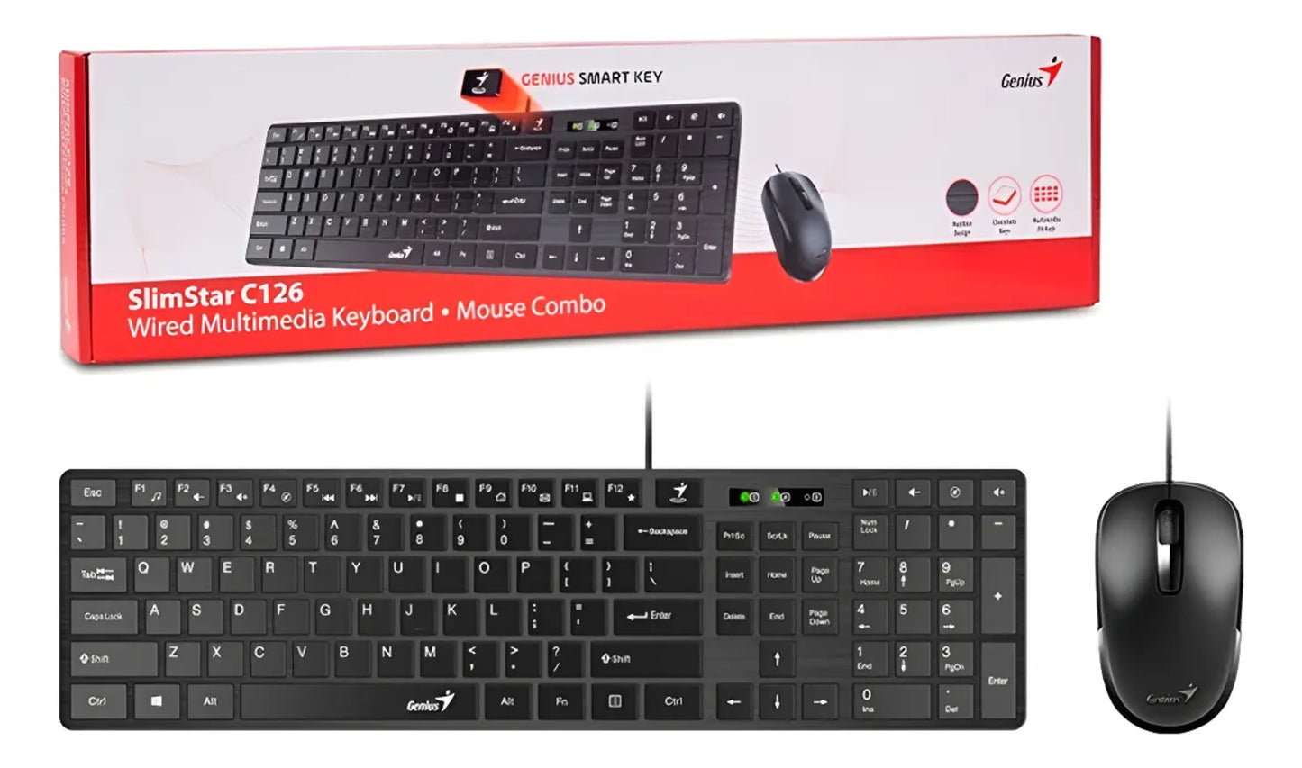 Combo Teclado y Mouse Genius C126 - Alámbrico USB - Resistente a Derrames - Español Negro